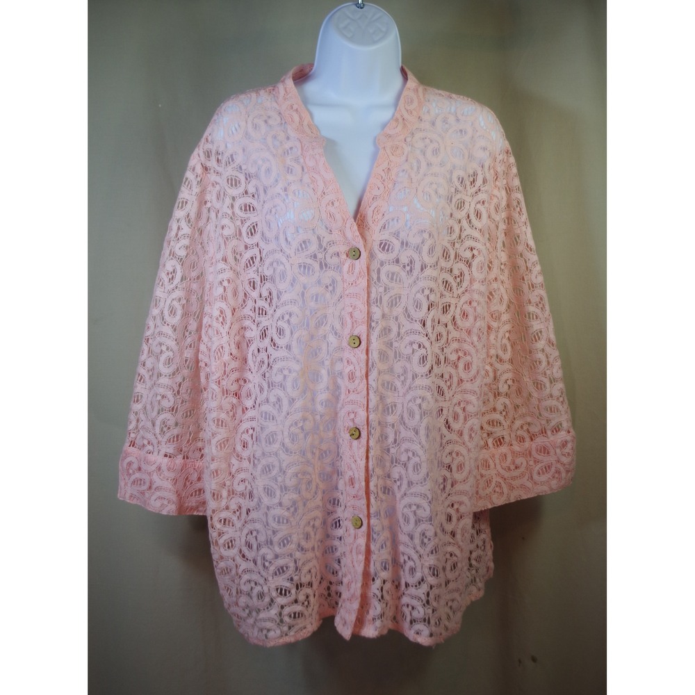 Ruby Rd Woman 20W Peach Lace Button Down Top 3/4 Sleeve Plus Size Scroll Lace